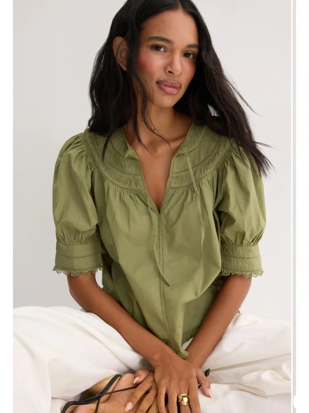 NWT Ulla Johnson Dylan Pintuck Peasant Blouse in Olive Green Size 4